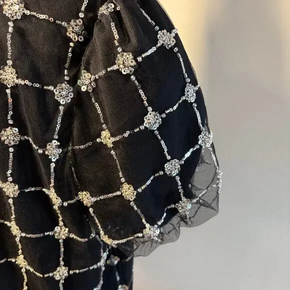 Adrianna Papell Beaded Mesh Top Black Sequin Puff Sleeve Sheer Blouse NWT Sz L - Picture 3 of 10